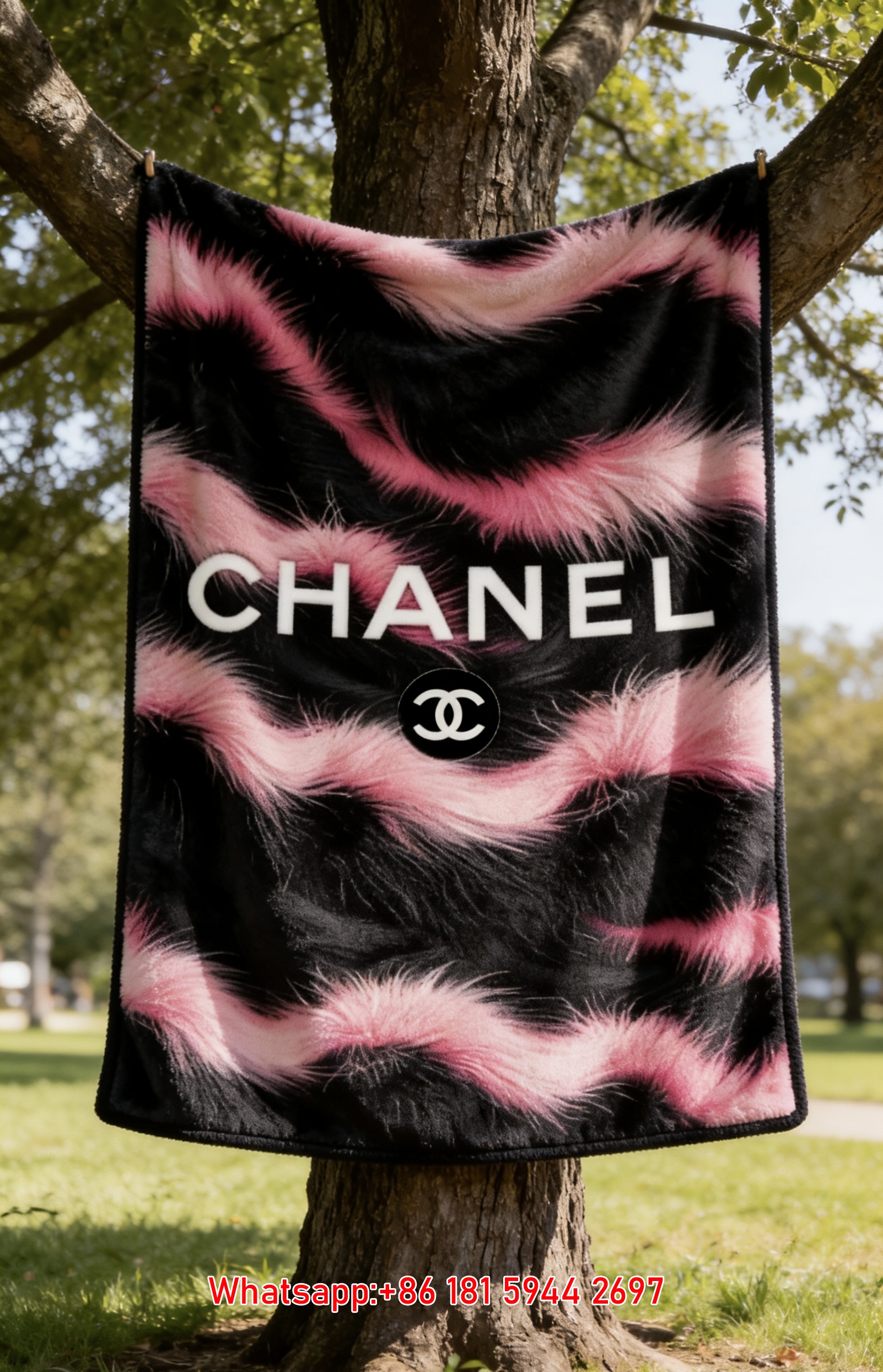 Chanel Pink Black Faux Fur Stripe Flannel Sofa Throw Blanket IMG_6856